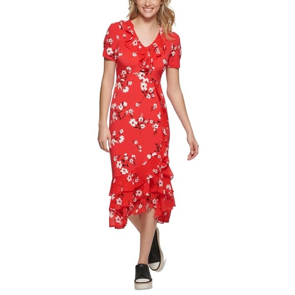 fitted lace wedding dress KARL LAGERFELD Paris Women's Dresses Shirtdress,Admiral red/Black,6 at  Amazon Women's Clothing store main image 1