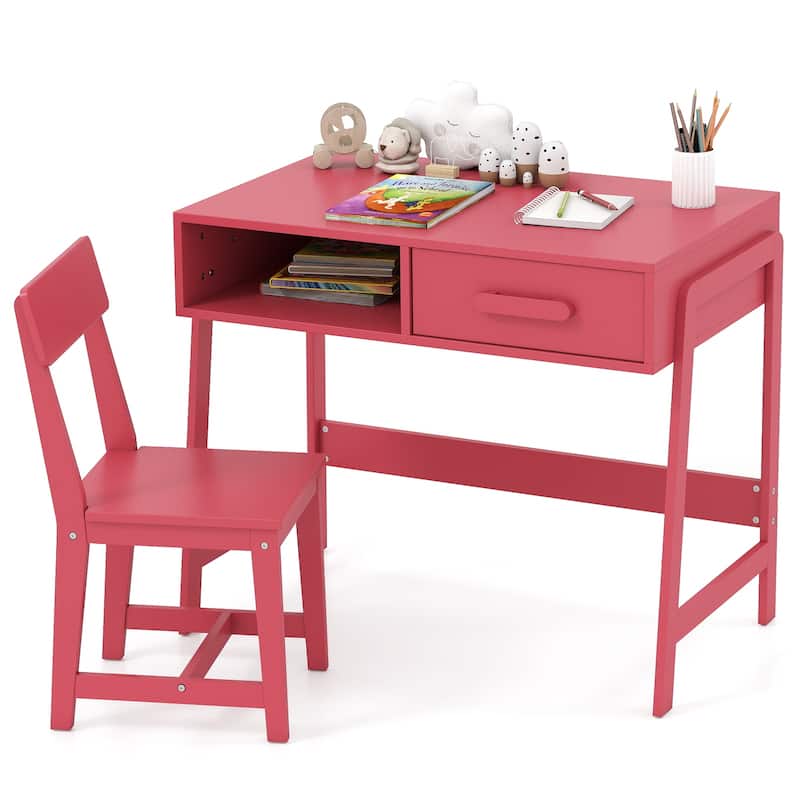Kids Study Table and Chair Set with Storage Drawer and Hutch and Pine Wood Frame for 3 Over Years Old - 33.5" x 19" x 27.5"