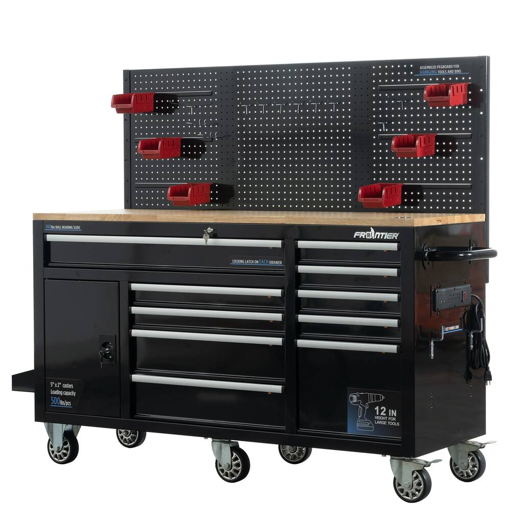 62 in 10-Drawer Black Mobile Workbench Cabinet with Pegboard Back Wall