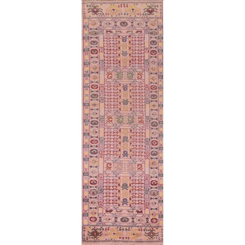 Tribal Pink Geometric Khotan Oriental Runner Rug Handmade Wool Carpet - 2'5"x 9'11"