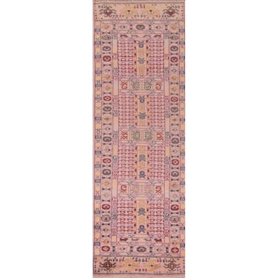 Tribal Pink Geometric Khotan Oriental Runner Rug Handmade Wool Carpet - 2'5"x 9'11"