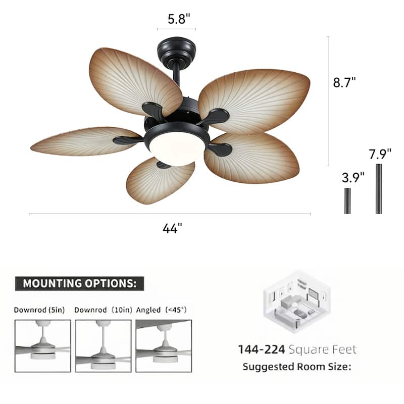 Kviflon 44" Wood GrainTropical Ceiling Fan with Light and Remote,Indoor and Outdoor Ceiling Fan,Waterproof - 44 Inches