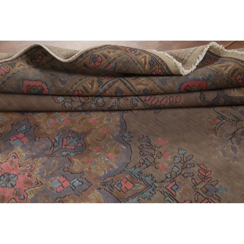 Distressed Brown Tabriz Persian Antique Rug Hand-Knotted Wool Carpet - 8'2"x 11'0"