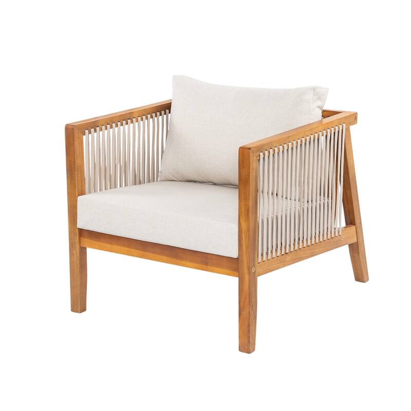 Christopher Knight Home - Outdoor Modern Solid Acacia Wood 4-Piece Conversation Set with Rope Accents and Cushions