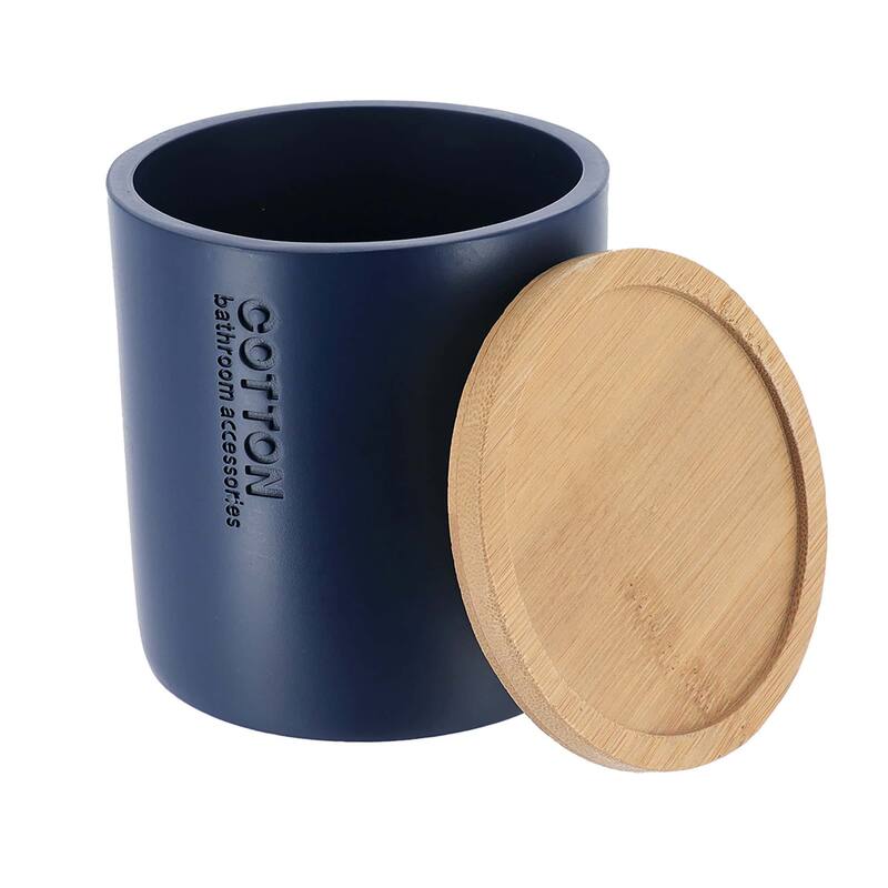 Sleek Cotton Pad Holder - Polyresin Bathroom Storage Container with Bamboo Lid - 4 L x 4 W x 4.6H