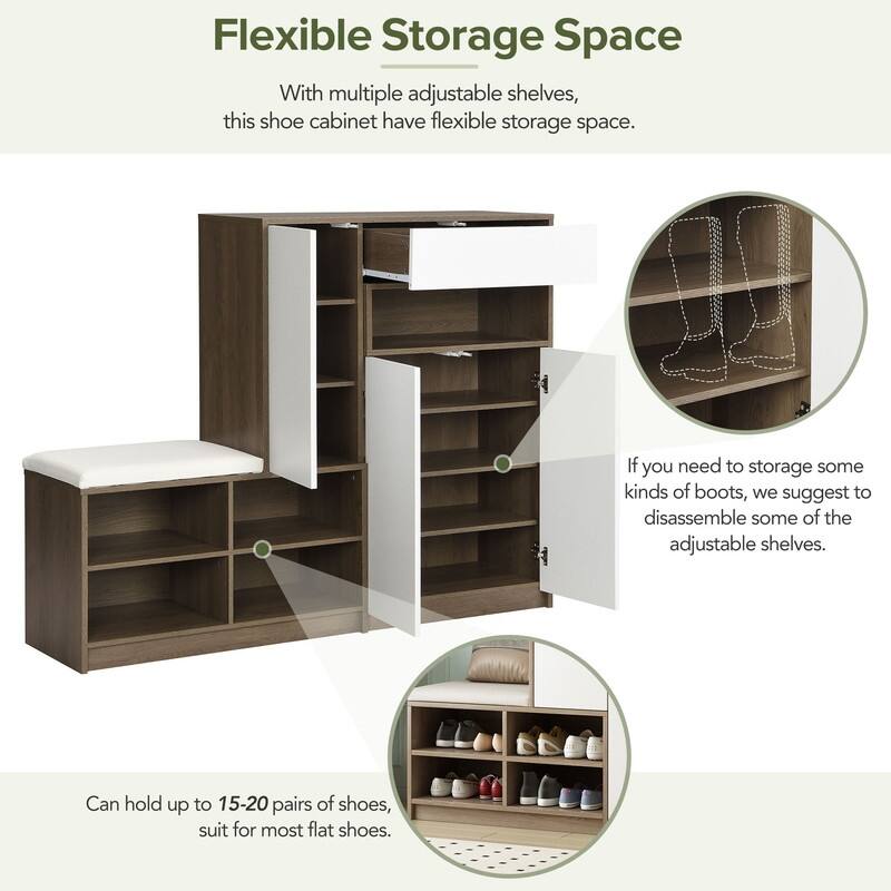 Multi-functional Shoe Bench Entryway with Storage,Padded Seat and Adjustable Shelves