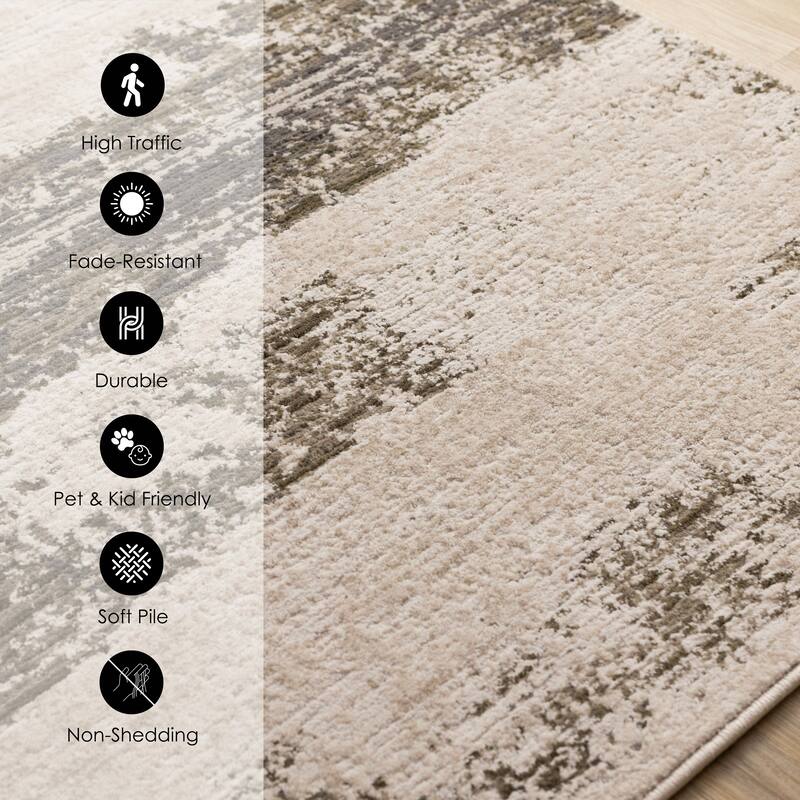 White Green Grey Distressed Textured High-Traffic Rug