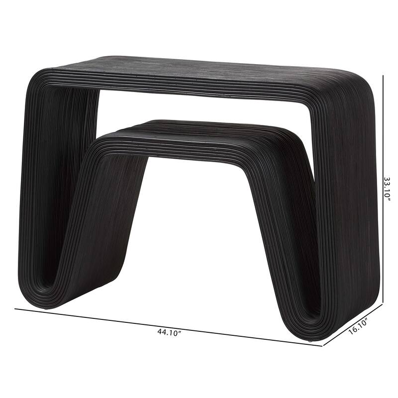 Abebi Black Rattan Console Table - Modern Accent Table with Waterfall Silhouette and Open Hairpin Legs, Boho Coastal Style