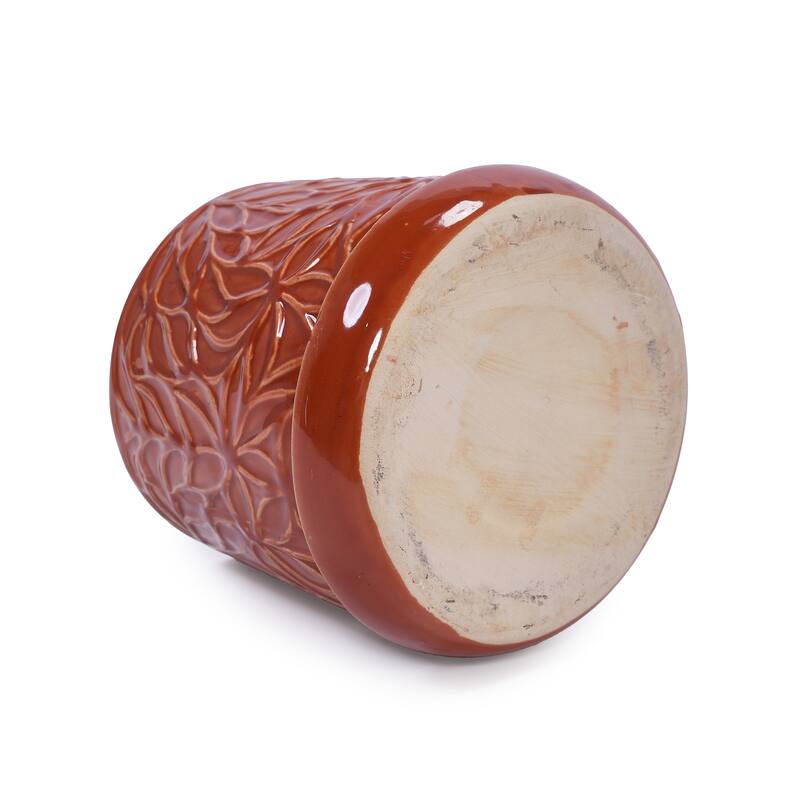 Set of 2 Handmade Modern Embossed Leaf Ceramic Planters with Saucers