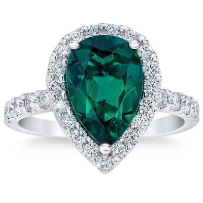 VS 5Ct Pear Shape Emerald & Lab Grown Diamond Halo Ring in 10k White Gold