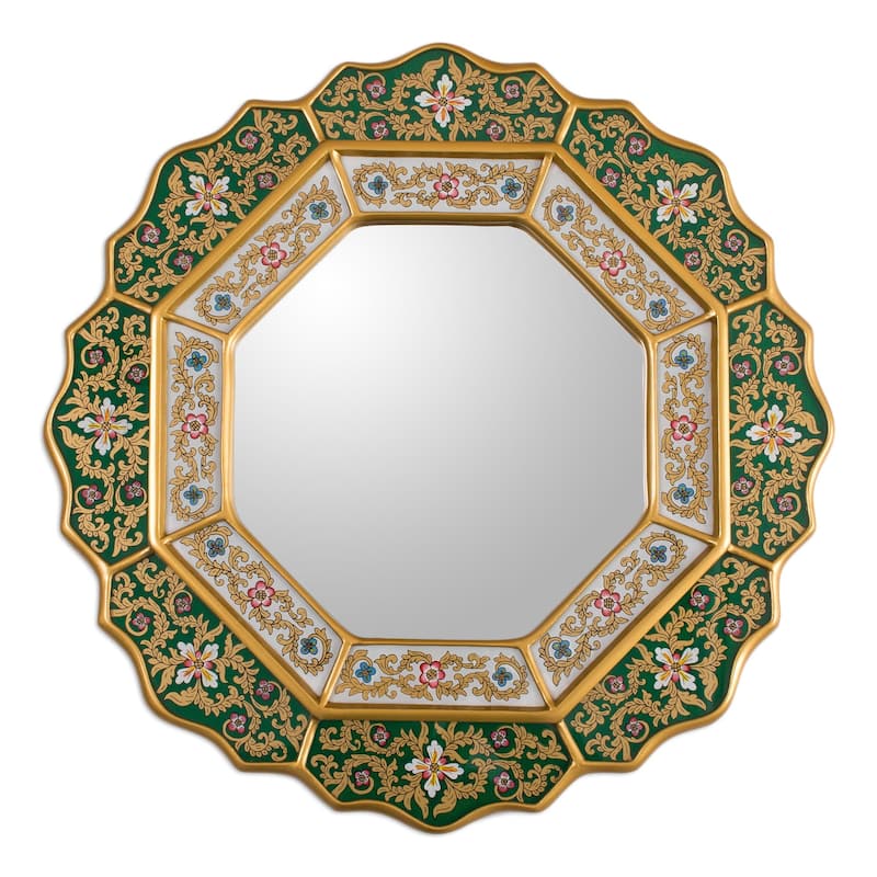 Handmade Floral White and Deep Green Wall Mirror (Peru) - 17.25"x17.25" - 17.25"x17.25" - Green