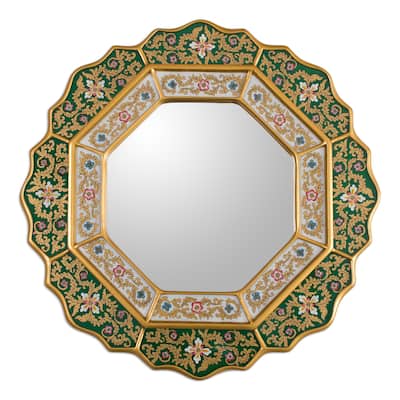 Handmade Floral White and Deep Green Wall Mirror (Peru) - 17.25"x17.25"