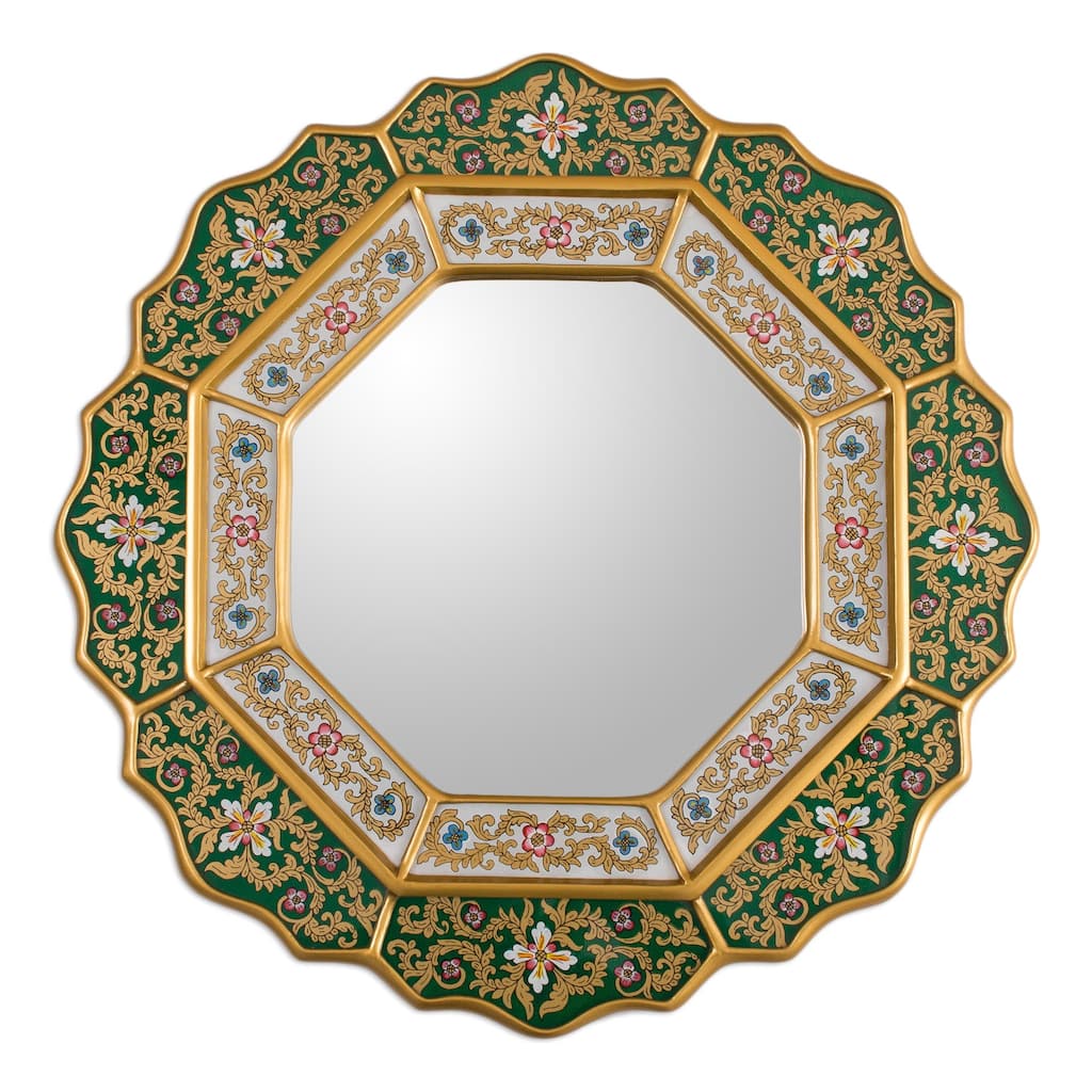 Handmade Floral White and Deep Green Wall Mirror (Peru) - 17.25"x17.25"