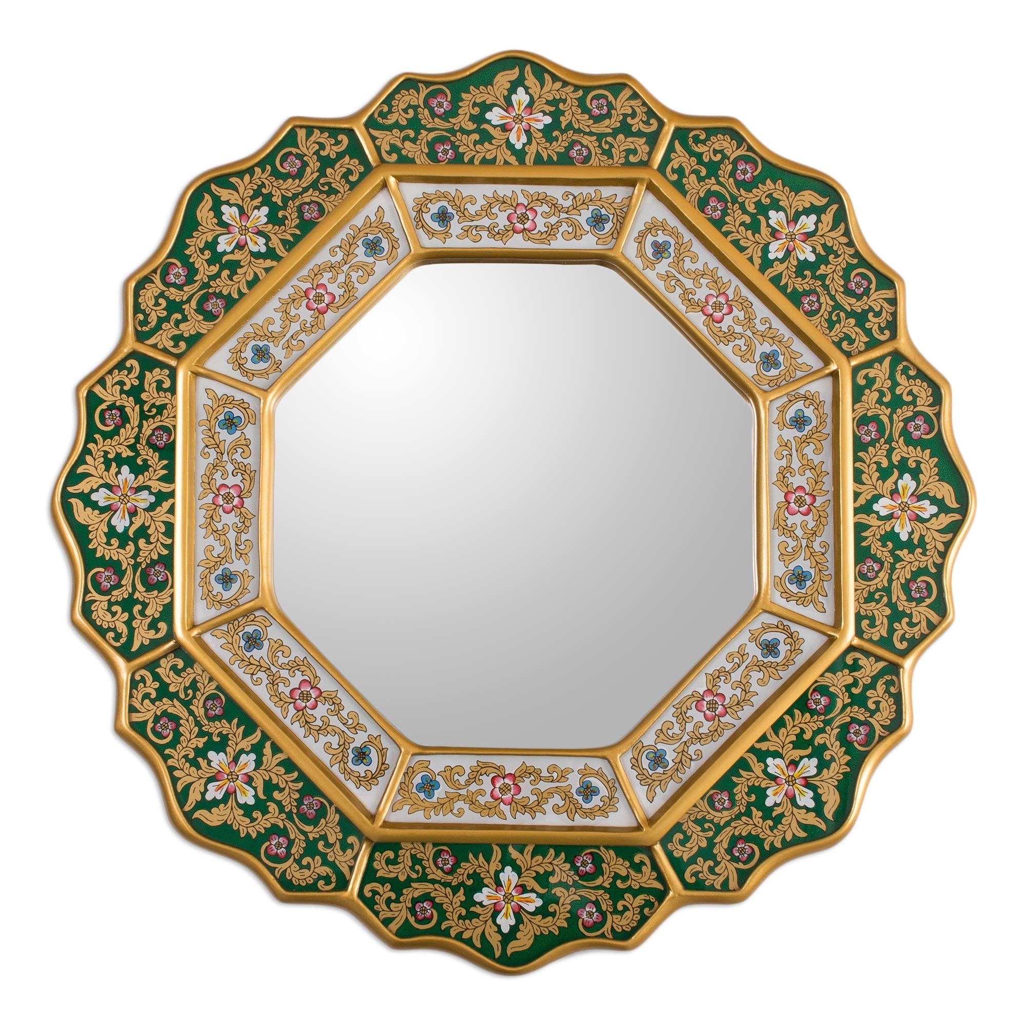 Handmade Floral White and Deep Green Wall Mirror (Peru) - 17.25"x17.25"