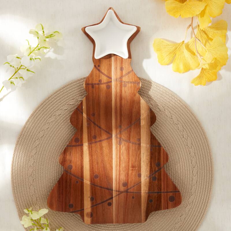 Tabletops Gallery Set of 2 Christmas Tree Acacia Wood Serving Board with Ceramic Bowl