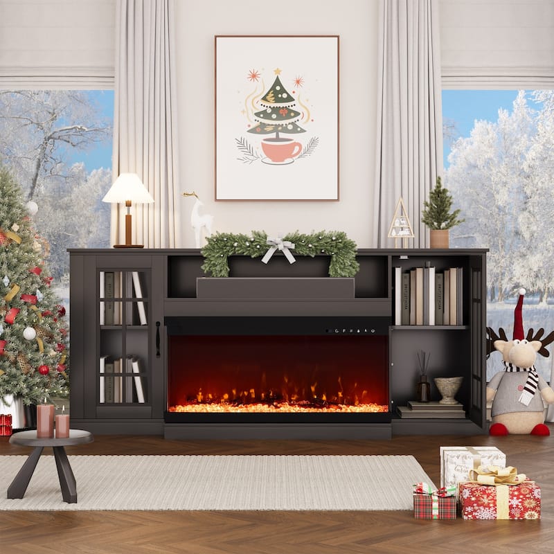 70" Fireplace TV Stand with 3-Sided Glass, ETL Certified, 12 Flame Colors, Realistic Ember Bed, Accommodates TVs up to 80"