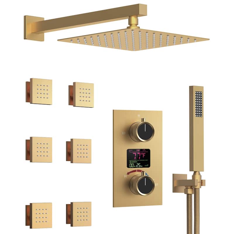 GRANDJOY 12 Inch Wall Mounted Digital Temperature Display Shower System Rainfall Shower Head with 6 Body Jets