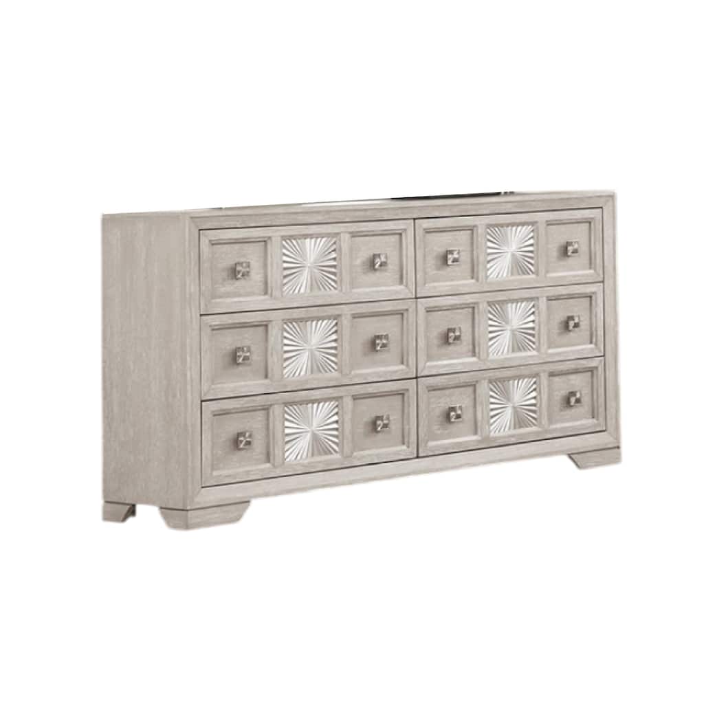 Diaz Wide Dresser, 6 Drawers, Sunburst Metal Design, Light Gray Wood