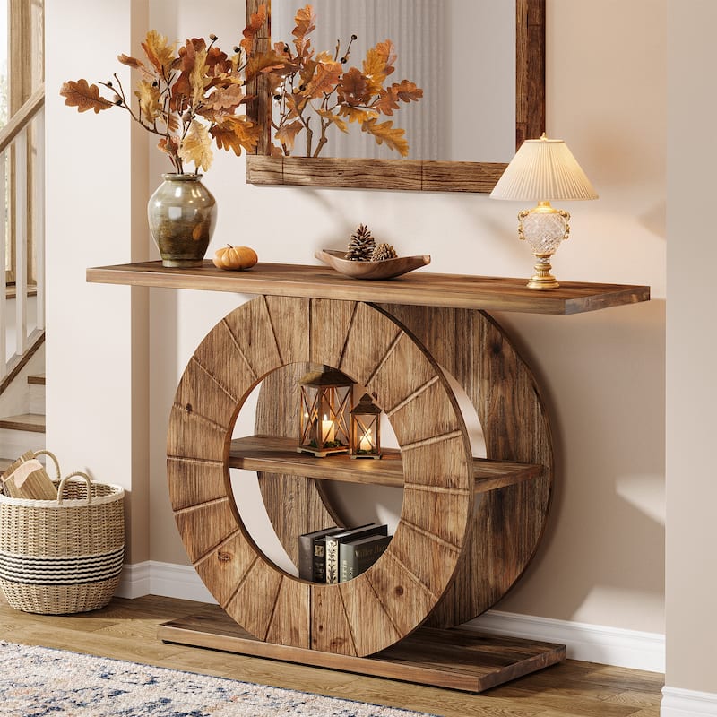 41" Solid Wood Console Table with Storage, Farmhouse Sofa Table - Brown