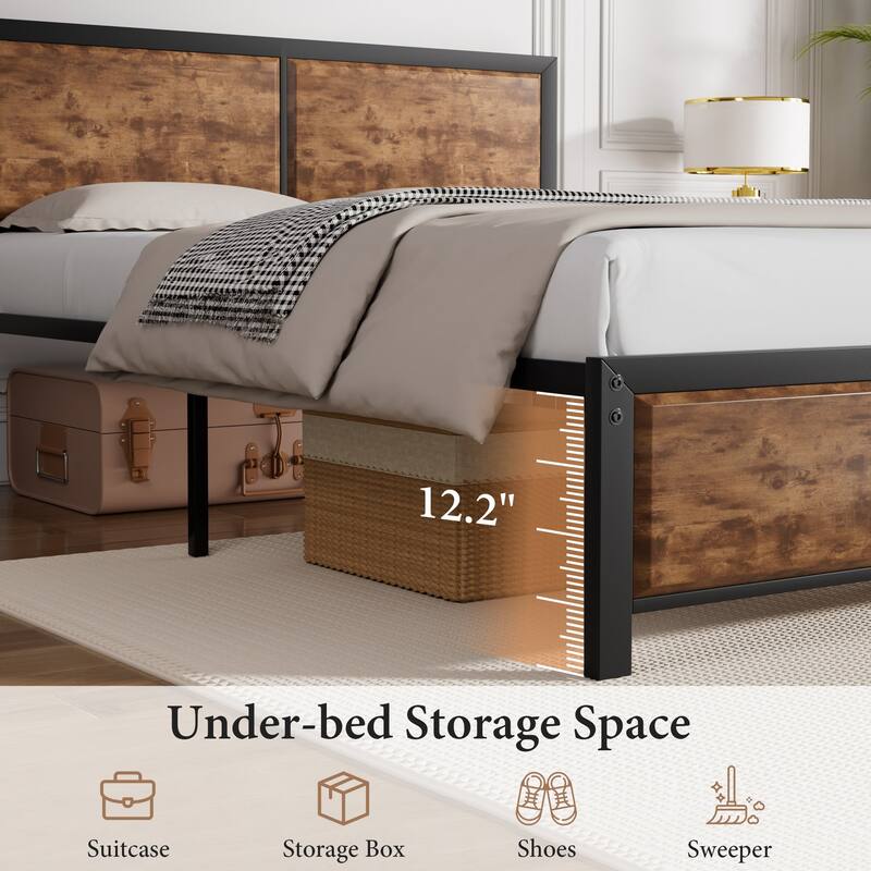 VECELO Platform Bed Frame with Wooden Headboard Heavy Duty Steel Slats Support No Box Spring Needed