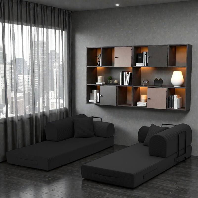 Convertible Sleeper Sofa Bed, 4-in-1 Corduroy Folding Floor Couch with Cylindrical Pillow, 2-Seat Space-Saving Lounge Sofa