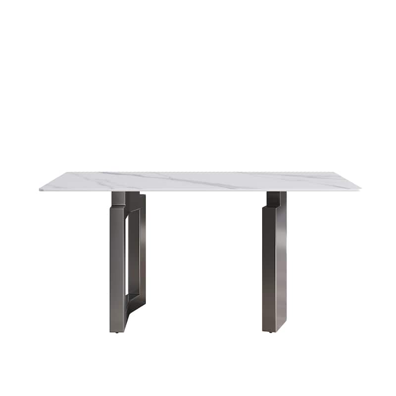 63"Modern artificial stone white straight edge metal leg dining table -6 people