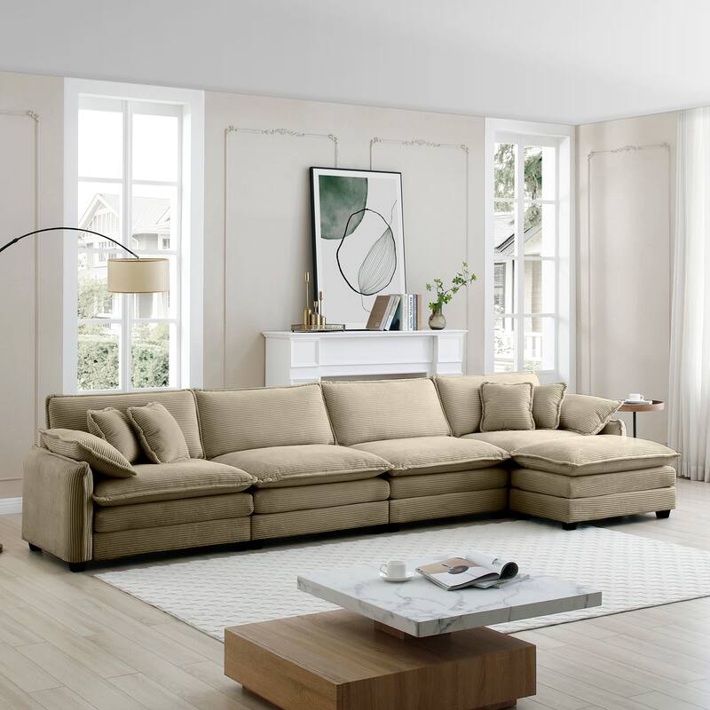 5-piece Oversized Corduroy Upholstered L-Shaped Modular Sectional Sofa with Removable Ottoman and Free Combination