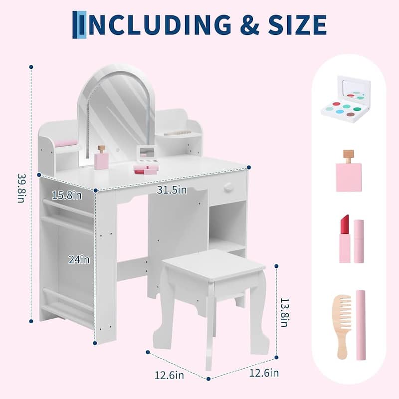 2 in 1 Kids Vanity Table & Stool with Lighted Mirror, Bookshelf and Makeup Palyset