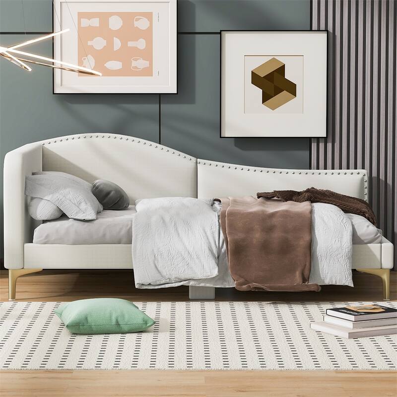 Twin Size Upholstered Daybed with Headboard and Armrest, Support Legs