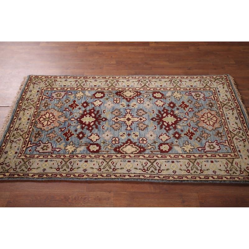 Light Blue Geometric Heriz Serapi Accent Rug Handmade Wool Carpet - 2'11"x 5'2"