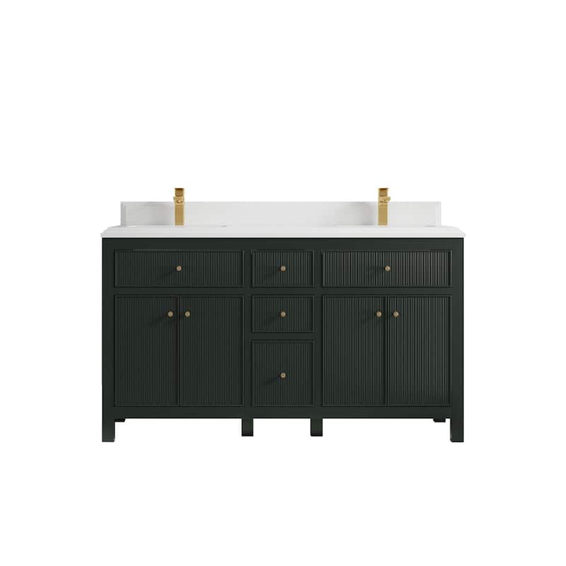Willow Collections 60 in W x 22 in D Sonoma Free Standing Reeded Double Sink Bathroom Vanity with Countertop - 1.5" White Quartz - Dark Forest Green