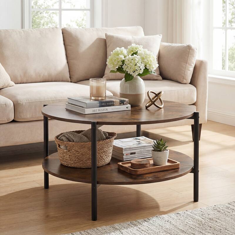 Gymax Round Coffee Table w/Open Storage Shelf Circle Cocktail Table