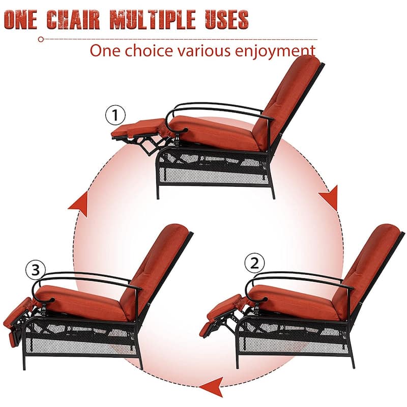 Outdoor Metal Patio Adjustable Recliner Lounge Chair & Bistro Table Set, Retractable Steel Frame and Removable Thick Cushion