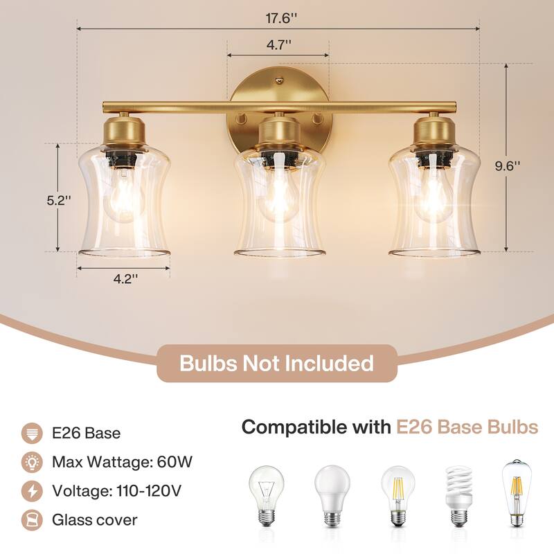 3-Light Gold Bathroom Light Fixtures, Modern Wall Lights