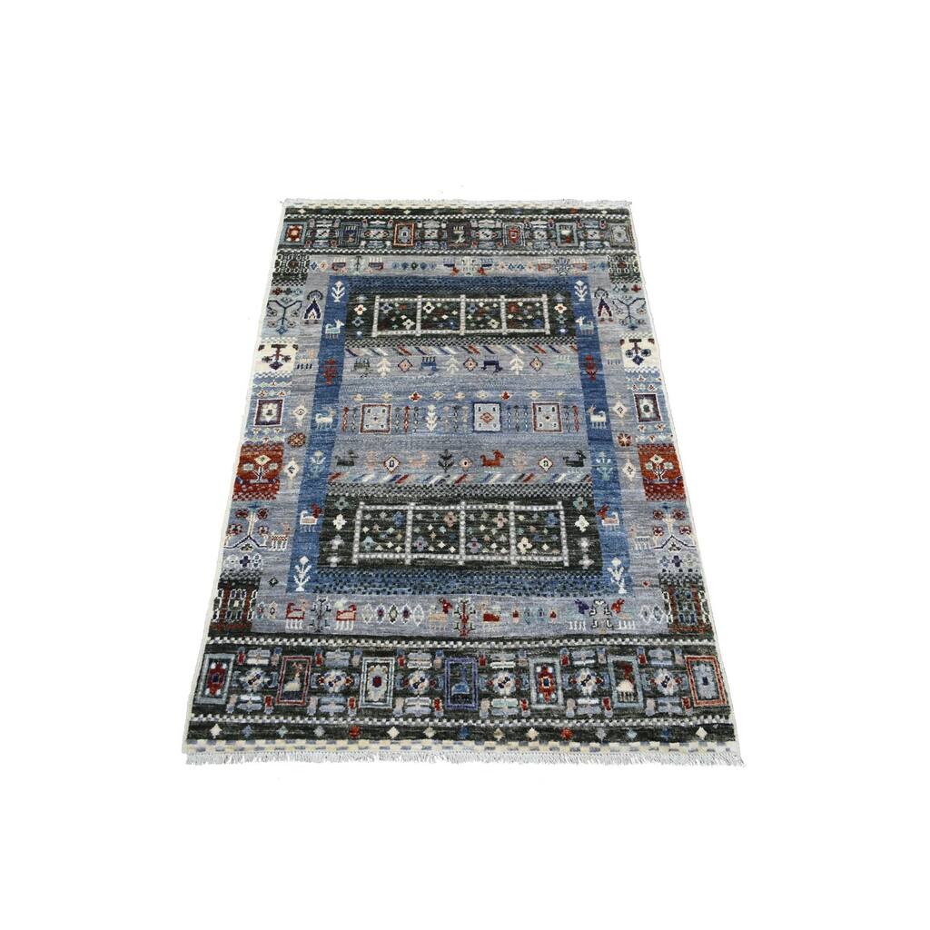 Shahbanu Rugs Shades of Gray Hand Knotted Afghan Kashkuli Gabbeh with Pictorial Design Natural Dyes Wool Oriental Rug (3'x4'8")
