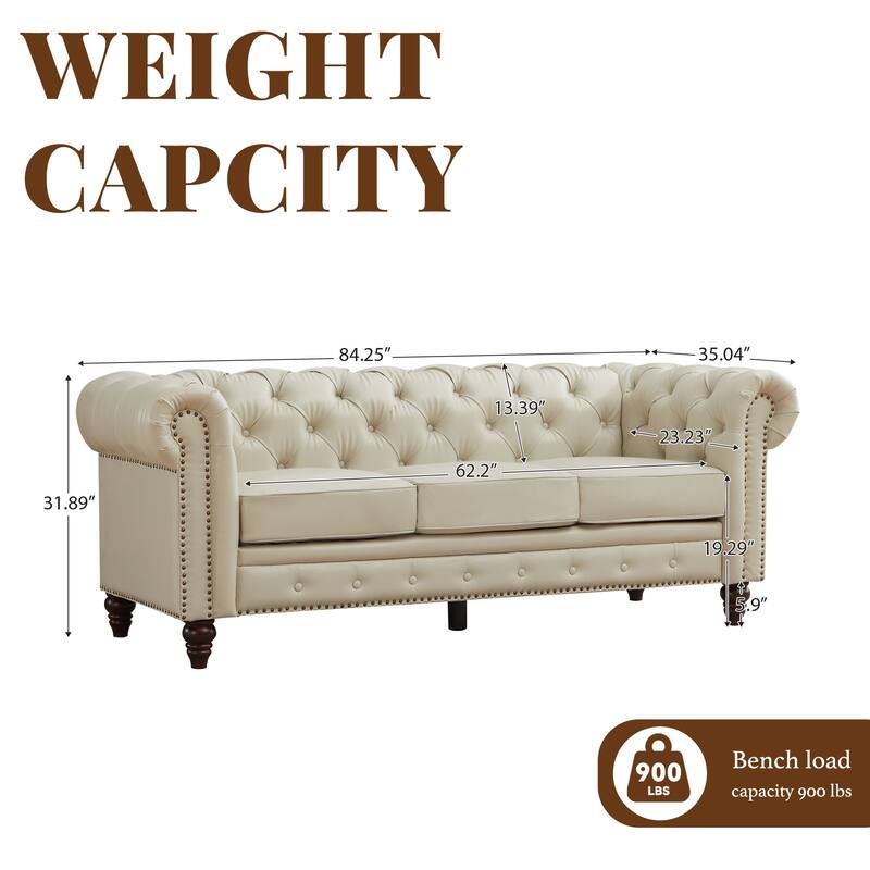 Vintage PU Button-Tufted Sofa Couch, Flared Arms, Rubberwood Legs & Nailhead Trim