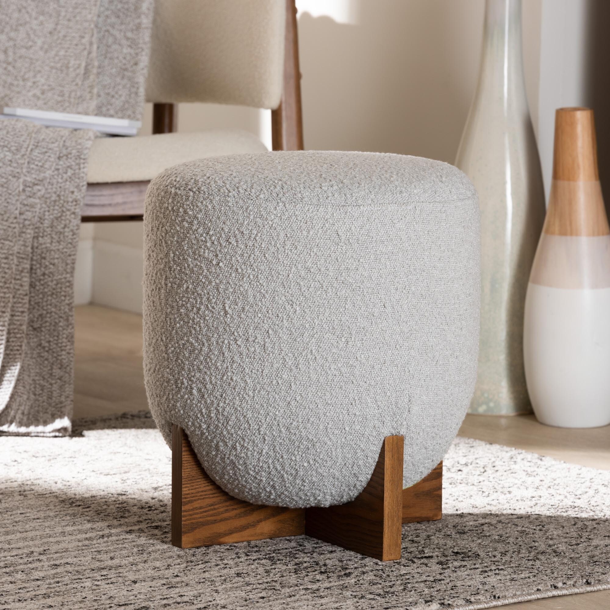 Fisk Japandi Cream Boucle Fabric and Walnut Brown Finished Wood Ottoman Footstool On Sale Bed Bath Beyond 38229786