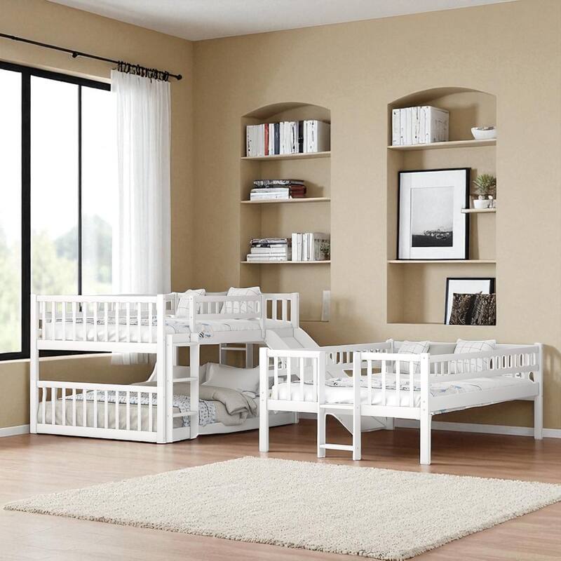 Full Triple Bunk Bed with Slide, Built-in Ladders & Guardrails, Solid Wood, Converts to 3 Full Beds, Space-Saving