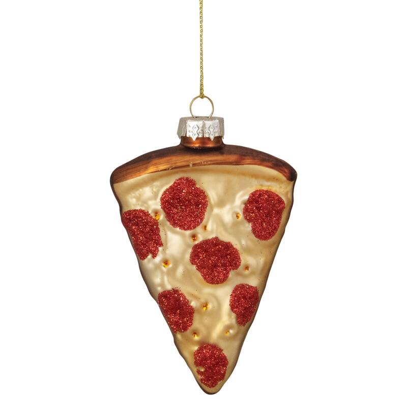 3.25" Beige, Red, Brown Pepperoni Pizza Slice Glass Christmas Ornament