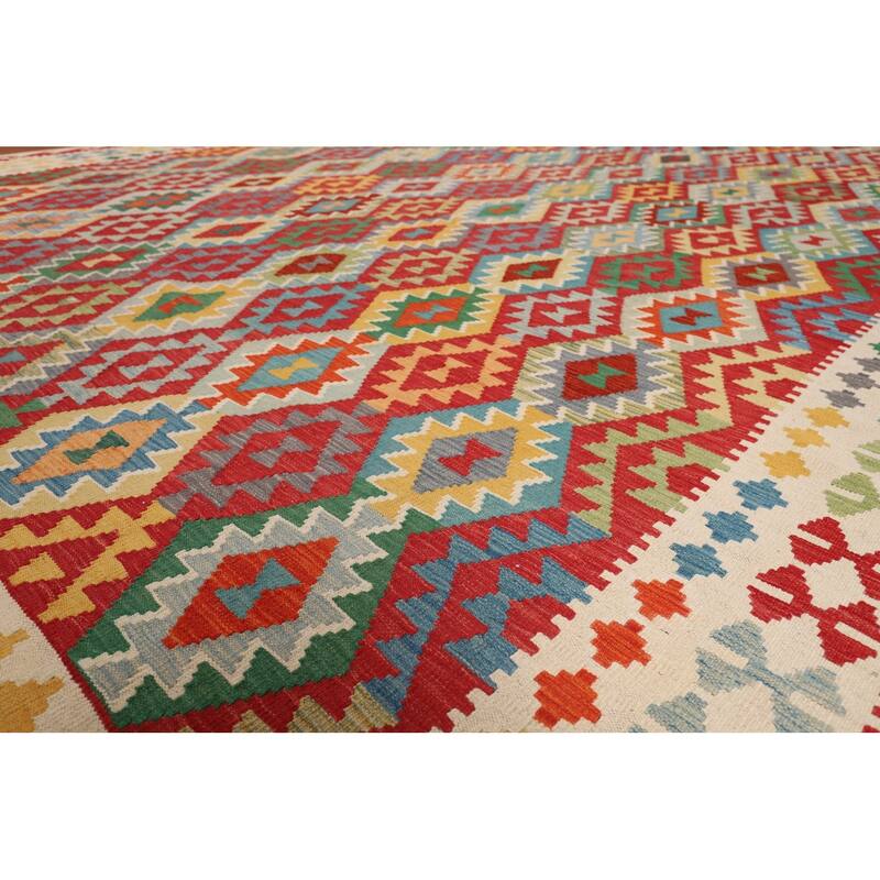 Geometric Multicolor Kilim Oriental Large Rug Flatweave Wool Carpet - 10'1"x 16'4"