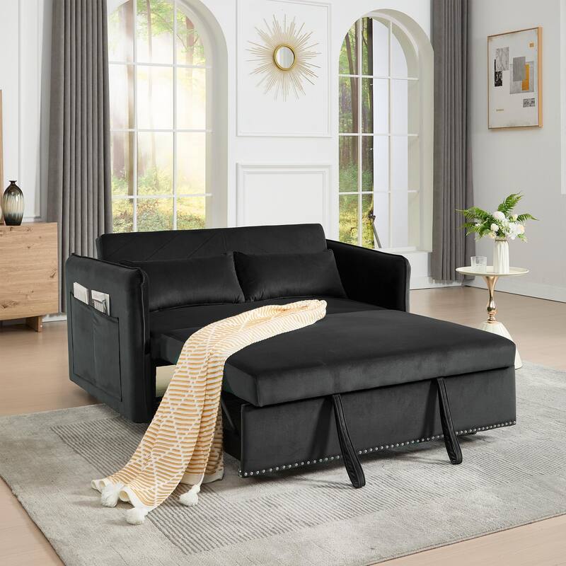 Small Convertible Sofa Bed, 55" Velvet Loveseat Couch with Pull-Out Bed, Pillows, Adjustable Backrest & Side Pockets