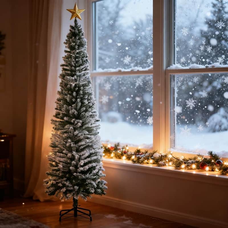 7.4 Foot Christmas Yard Decor,Flocked Christmas Tree with Faux Snow, Dense Branches - Green