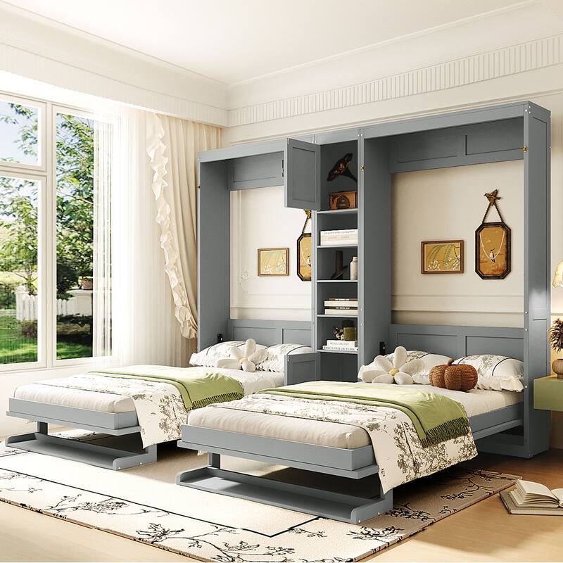 Dual Twin Wall Murphy Beds with Storage - Space-Saving Cabinet & Shelves, Fold Down Bed - Grey