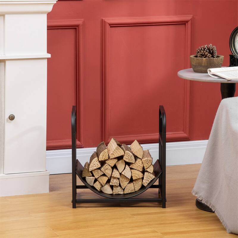 Bear and Tree Firewood Rack Powder Coated Steel Indoor Outdoor Wood Holder Black - 16.5" L x 13.25" W x 17" H