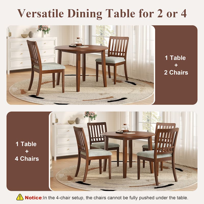 5-Piece Round Dining Table Set for 4 People, 1 Folding Wood Dining Table + 4 Upholstered Chairs, for Small Apartments