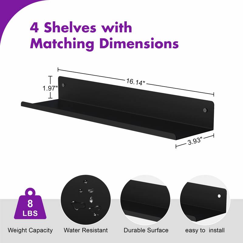 Set of 4 Wooden Floating Wall Shelves for Bathroom, Kitchen, Living Room