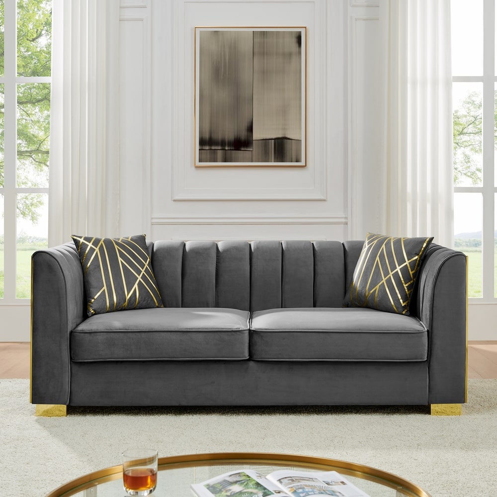 Velvet Chesterfield 3 Seater Sofa, Button Tufted Upholstered Sofa, Lounge Sofa with Stainless Steel Accents & Metal Legs