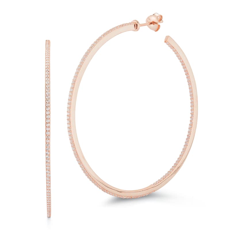 Soleil Sterling Silver Inside Out CZ Large Thin Hoops - Rose