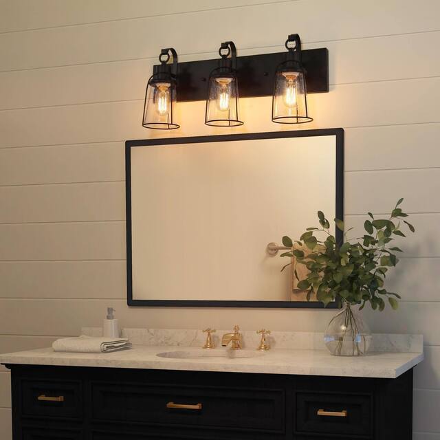Farmhouse 3-Light Bronze Bathroom Vanity Lights Metal Cage Wall Sconces with Seeded Glass - 22" L x 6" W x 10" H
