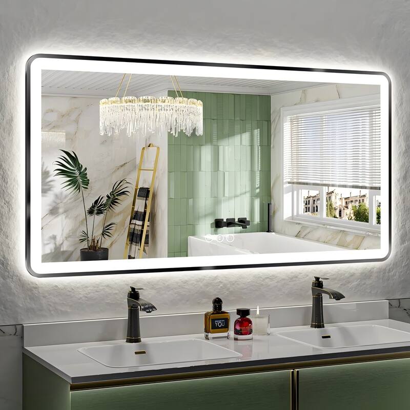 Framed Front & Back LED Lighted Anti-Fog Tempered Glass Wall Bathroom Vanity Mirror - 60" x 28"